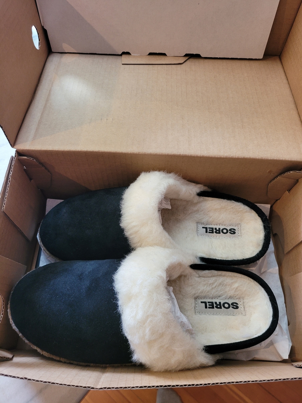 Sorel Black Suede Shearling Clog Slippers with Cream Lining